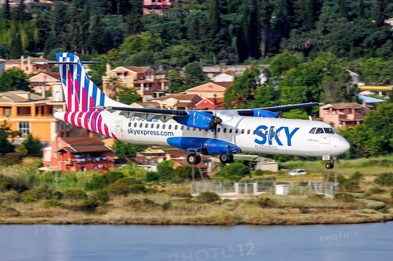An ATR 72-200 Sky Express aircraft with the registration SX-IPO at Corfu Airport, Greece, Europe