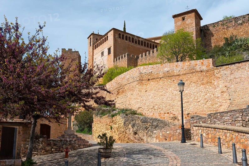Historic fortress with stone walls and flowering trees along a cobbled path, Collegiate Church, Colegiata de Santa María la Mayor, Alquézar, Alquezar, Huesca, Aragón, Aragon, Pyrenees, Spain, Europe
