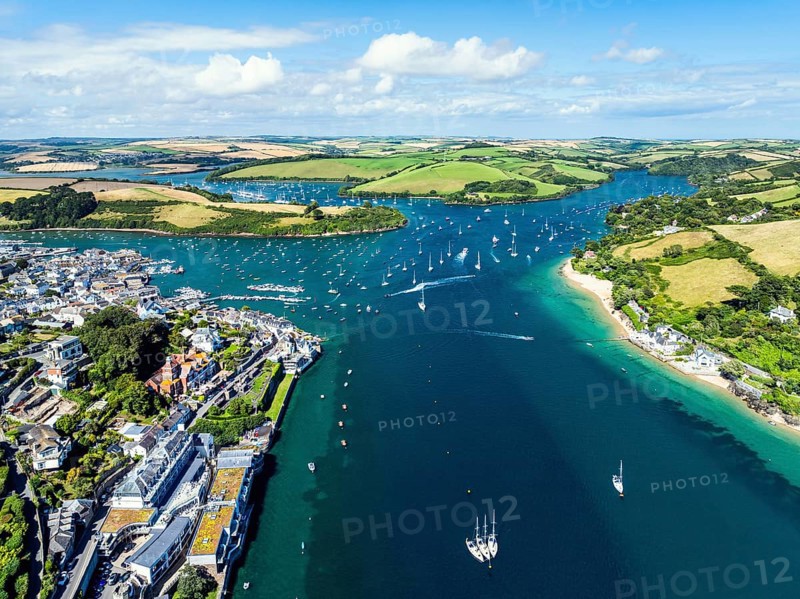 Salcombe and Mill Bay over Kingsbridge Estuary from a drone, Batson Creek, Southpool Creek, Devon, England, United Kingdom, Europe