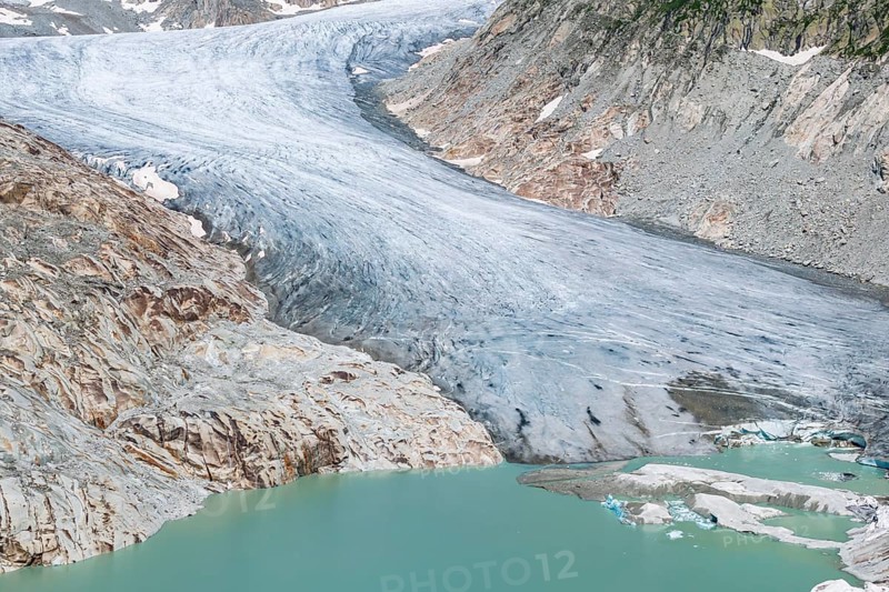 Rhone glacier, valley glacier in the headwaters of the Rhone in the Swiss Alps. Melting glacier, the glacier is getting smaller and smaller. Drone photo. Obergoms, Canton Valais, Switzerland, Europe