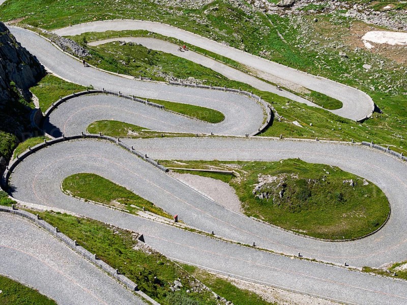 La Tremola, world-famous serpentine road through the Val Tremolo, road construction monument, Alpine pass with 24 hairpin bends. Old Gotthard Pass. Drone photo. Airolo, Canton Ticino, Switzerland, Europe