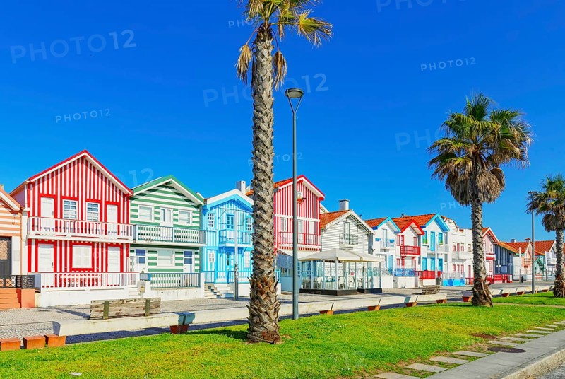Traditional wooden striped houses, Costa Nova do Prado, Aveiro, Portugal, Europe