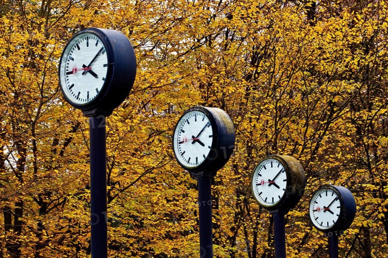 Artwork Time field, 24 synchronised station clocks, Artist Klaus Rinke, Time changeover, Volksgarten, Düsseldorf, North Rhine-Westphalia, Germany, Europe
