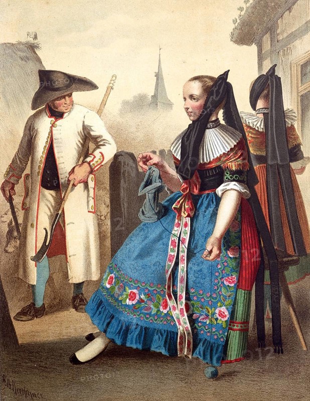 Traditional costumes in Germany around 1820, Brunswick, couple in traditional costumes posing in front of a picturesque village backdrop with church tower, digitally retouched reproduction of a model from around 1850, by Albert Kretschmer (27 February 1825, 11 July 1891), German painter and traditional costume expert