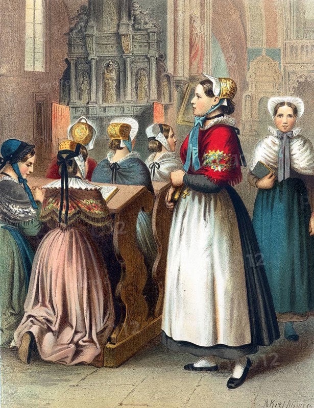 Traditional costumes in Germany around 1820, Province of Hanover, Osnabrück, woman in traditional traditional costume praying in a church in front of an altar in a devotional atmosphere, digitally retouched reproduction of a model from around 1850, by Albert Kretschmer (27 February 1825, 11 July 1891), German painter and costume expert