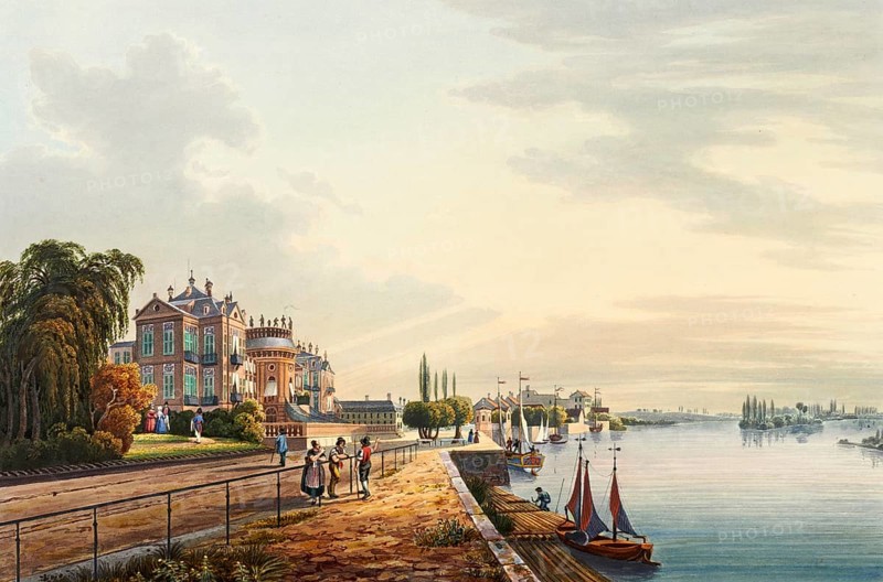 View of Biebrich Palace on the Rhine, residence of the Grand Duke of Nassau, Hesse, Germany, view around 1830, digitally restored reproduction of a 19th century model by Johann Ludwig Bleuler (12 February 1792 - 28 March 1850), Swiss draughtsman and painter, Europe