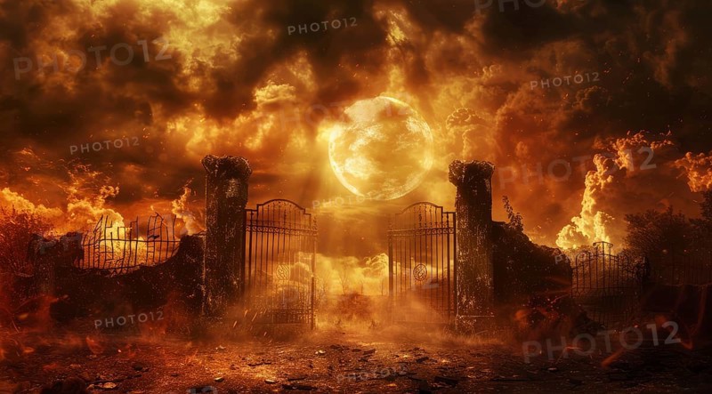 A fiery, dark and ominous scene with a large archway leading into a fiery abyss. Hell gates, AI generated