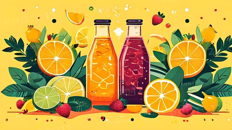Abstract wallpaper of smoothie surrounded by an assortment of fruits and vegetables, AI generated