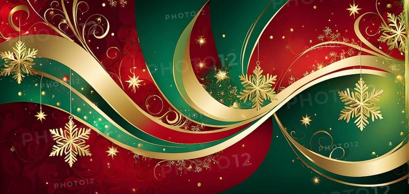 Abstract wallpaper illustration of Christmas symbols for gift cards, swirling shapes and lines, in red green and golden colors, AI generated