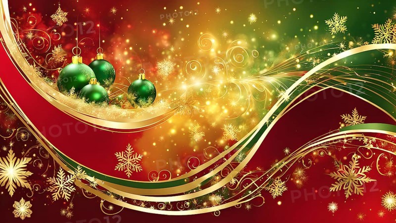 Abstract wallpaper illustration of Christmas symbols for gift cards, swirling shapes and lines, in red green and golden colors, AI generated