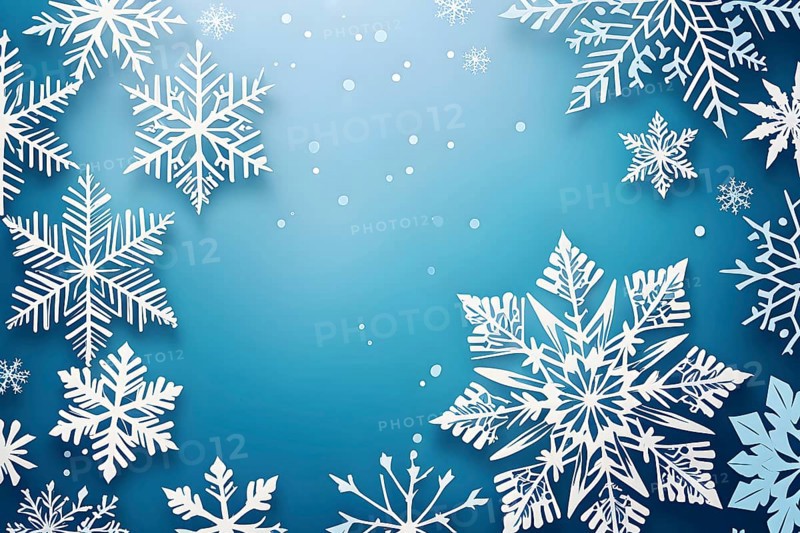 Abstract pattern of snowflakes in varying sizes and shapes in soft white and blue gradients, AI generated