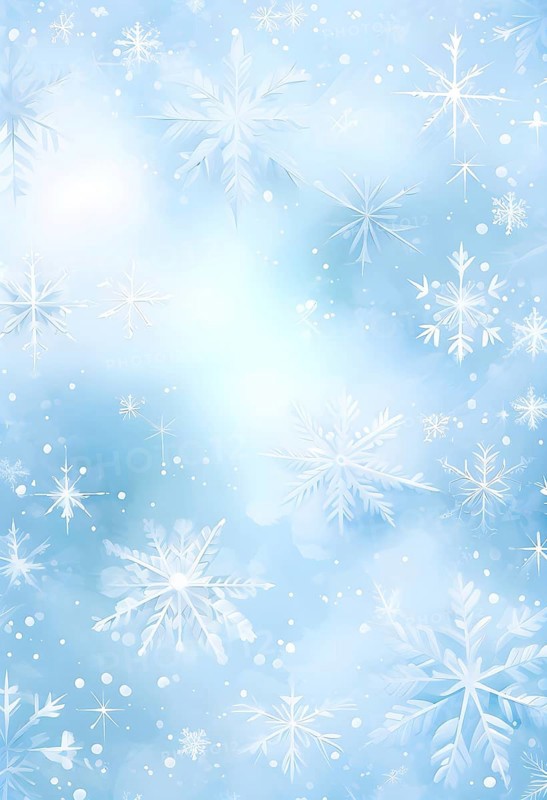 Abstract pattern of snowflakes in varying sizes and shapes in soft white and blue gradients, AI generated