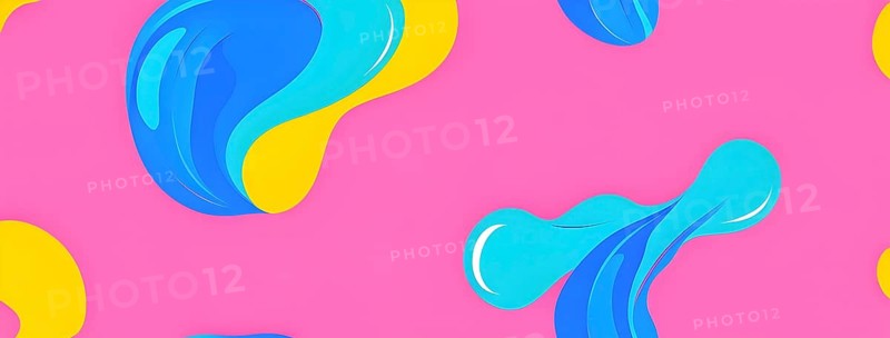Abstract image with colorful yellow and turquoise blobs and liquid shapes on a pink background, AI generated
