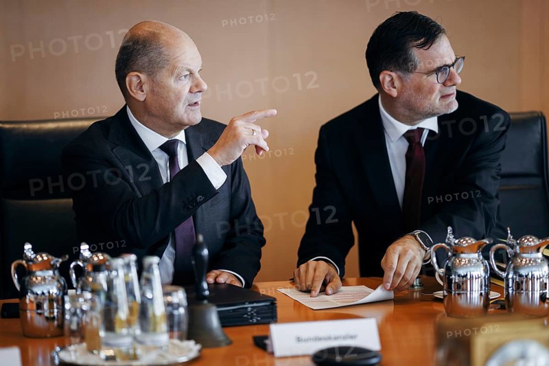 Federal Chancellor Olaf Scholz (SPD), together with Wolfgang Schmidt (SPD), Head of the Federal Chancellery and Federal Minister for Special Tasks, recorded during the Cabinet meeting at the Federal Chancellery in Berlin, 28 August 2024