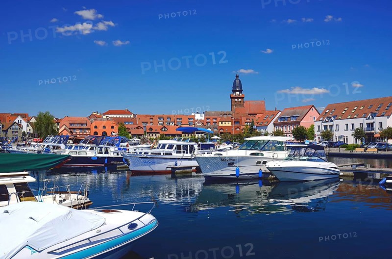 Europe, Germany, Mecklenburg-Western Pomerania, Waren an der Müritz, Binnenmüritz with marina, View to the centre, Waren an der Müritz, Mecklenburg-Western Pomerania, Germany, Europe
