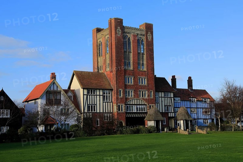 Eccentric mock Tudor architecture of water tower and houses, Thorpeness, Suffolk, England, United Kingdom, Europe