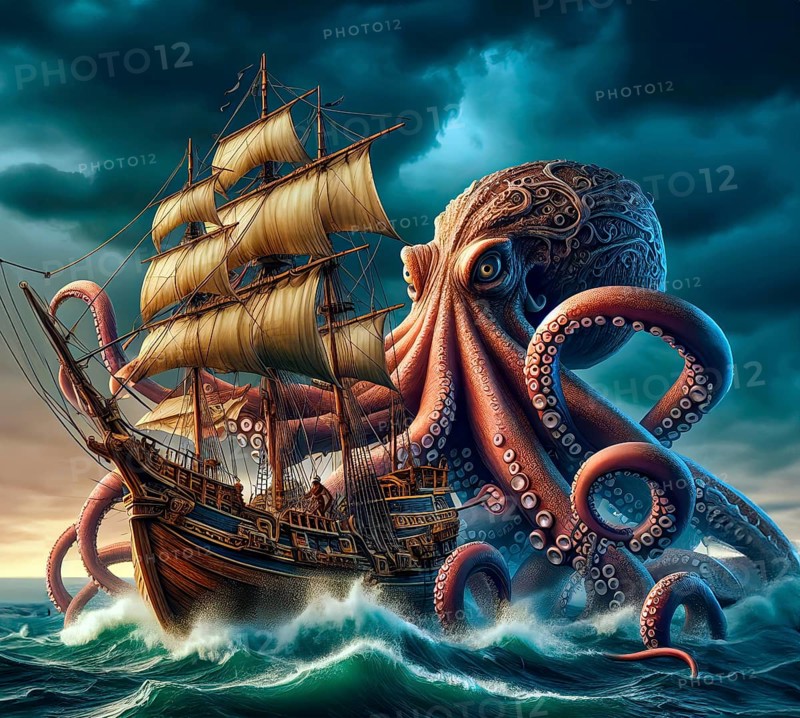 Mythology, mythical creatures, a sea monster, a giant octopus, threatens a sailing ship at sea, AI generated, AI generated