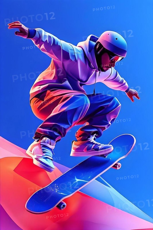 Skateboarder in dynamic jump abstracted into fluid shapes that capture elegance and dynamic in french olympic colors blue, white and red, AI generated