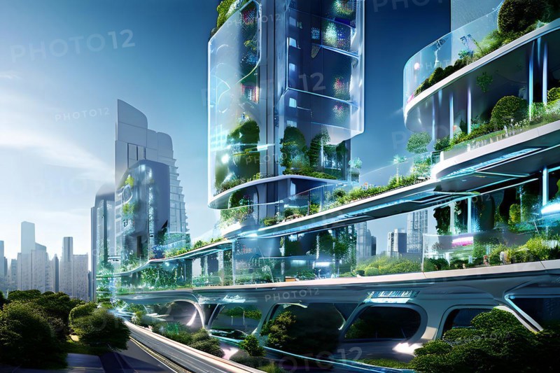 AI generated virtual reality tour highlighting a state of the art futuristic cityscape with interactive holograms