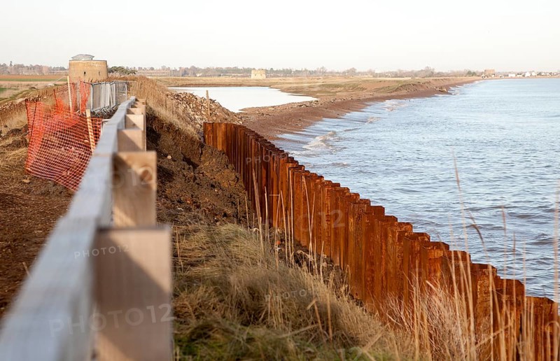Steel sheet piling constructed as a coastal defence against rapid erosion at East Lane, Bawdsey, Suffolk, England, UK