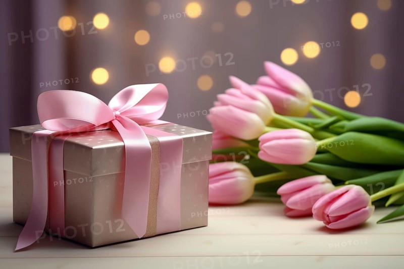 Gift Box with Pink Ribbon Beside bouquet of Fresh Tulips on Bokeh Background. Good for Valentine day, March 8, mother day, spring holidays, birthday designs, AI generated