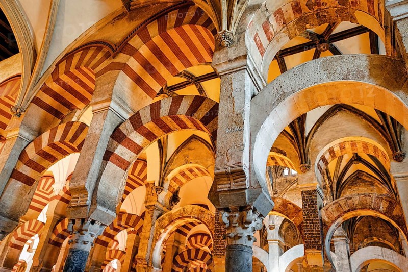 Moorish arches in columned hall, incidence of light in Mezquita, former mosque, interior view, Cathedral Mosque of Córdoba, Cordoba, Andalusia, Spain, Europe