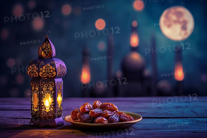 Ramadan lantern with a plate of succulent figs in violet purple tones with mosque and moon, set on an ornate table with intricate designs. Rich traditions and serene moments of the holy month Ramadan, AI generated