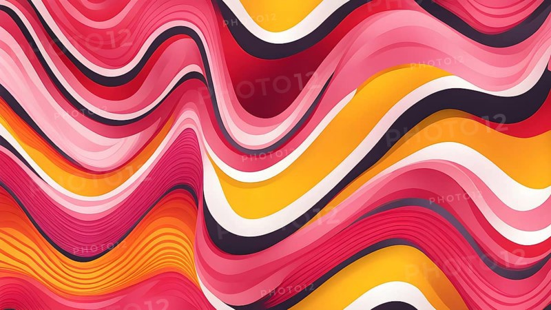 Seamless abstract pattern of vector fluid curved lines creating a dynamic ripple effect in vibrant colors of red, orange and pink, AI generated