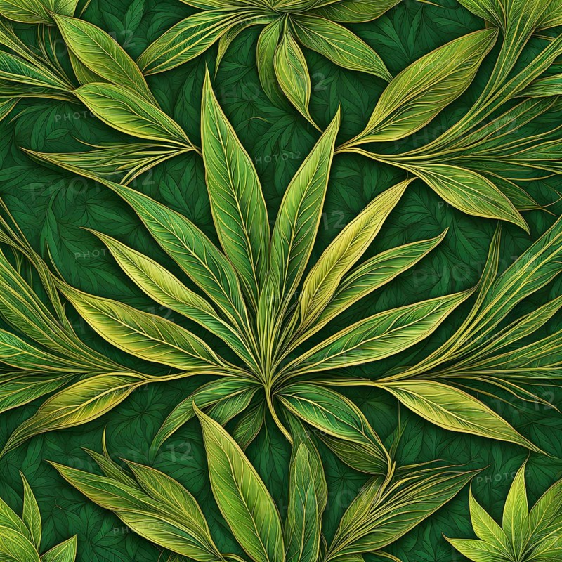 Abstract wallpaper highlighting stylized cannabis leaves in vibrant green and golden colors, AI generated
