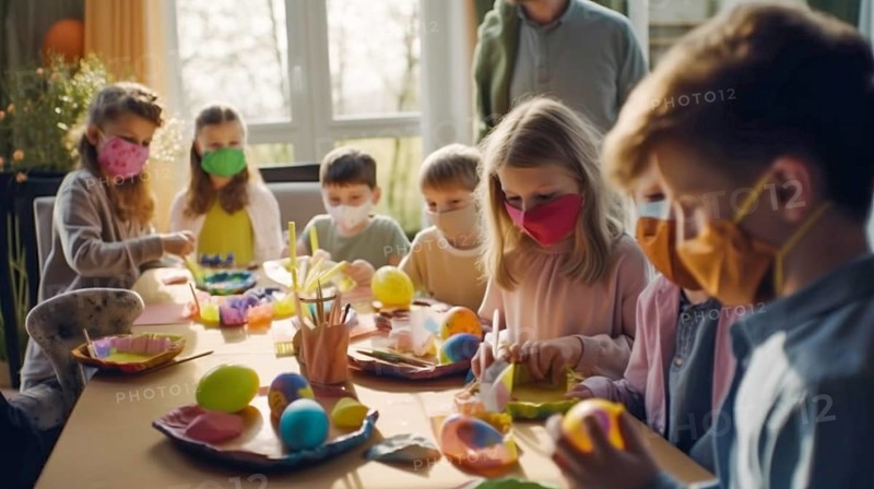 Several children wearing medical masks decorating easter eggs at the kitchen table, generative AI, AI generated