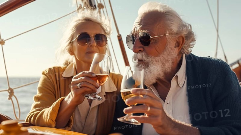 Senior caucasian couple enjoying drinks on the deck of their yacht in the ocean, generatvie AI, AI generated