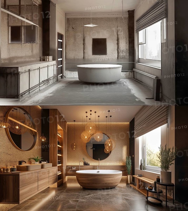 Luxurious custom bathroom upgrade interior before and after construction, generative AI, AI generated