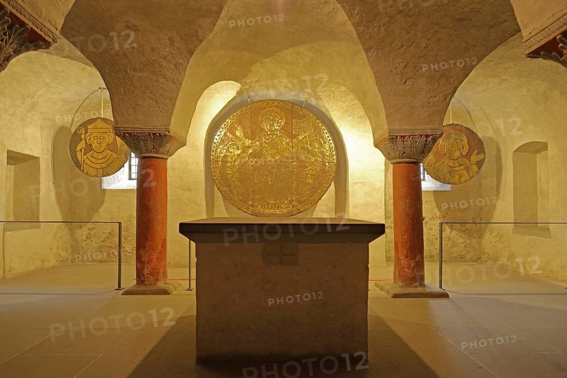 Three historical gold discs Majestas Domini, Christ disc, Conrad disc, Bishop Conrad I of Constance, Pelagius disc, metal disc, treasure, golden, shiny, figures, gold disc, crypt, Minster, Our Lady, Minster Square, Constance, Upper Lake, Lake Constance, Lake Constance region, Baden-Württemberg, Germany, Europe