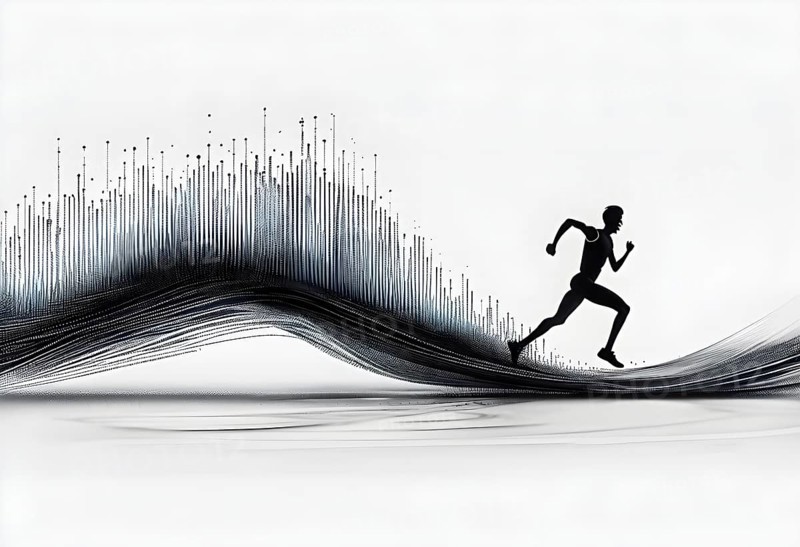 Wave of data points shaping into a runners silhouette, abstract illustration in black and white, conveying speed and precision guided by AI, AI generated