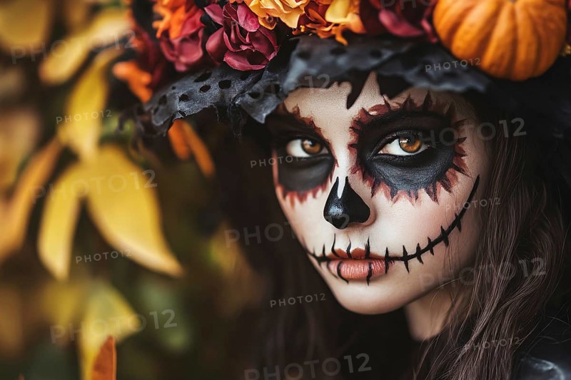 Young woman with black Halloween witch costume with hat and skull makeup. Generative Ai, AI generated