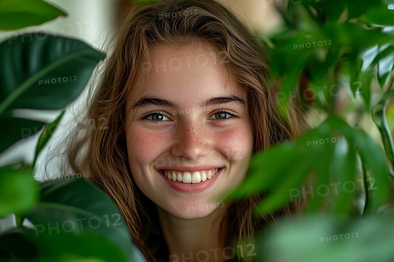 Young woman between leaves of tropical houseplants. Generative Ai, AI generated