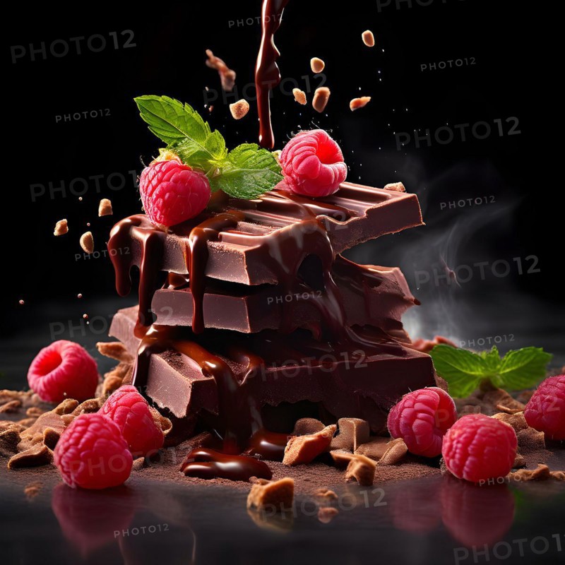 AI generated surreal food art blending a delicate raspberry teetering on the edge of an enormous chocolate