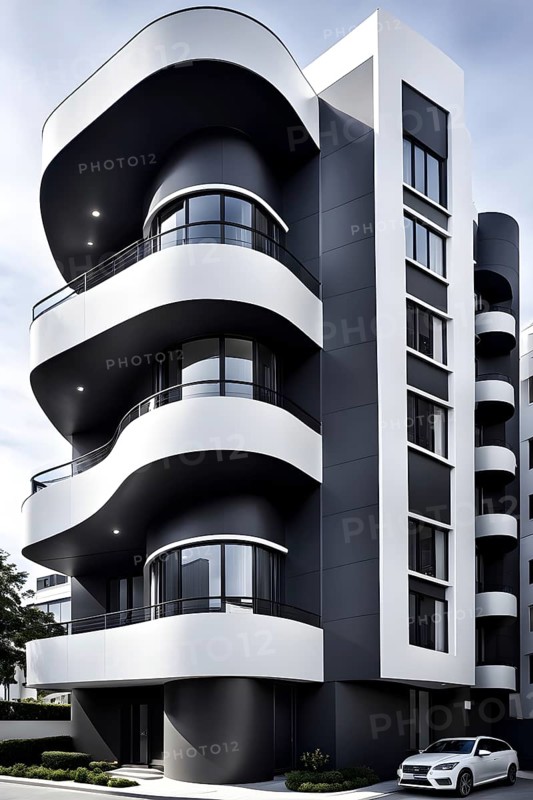 Rendering of a modern real estate apartment building in clean geometric forms in black and white, AI generated