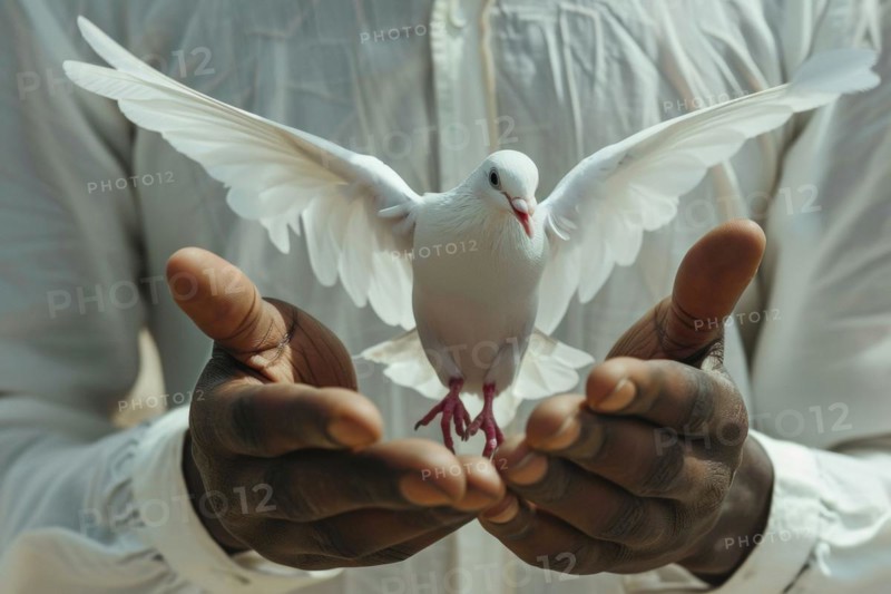 Close-up of a man's hands, with a white dove, dove of peace, AI generated, AI generated, AI generated