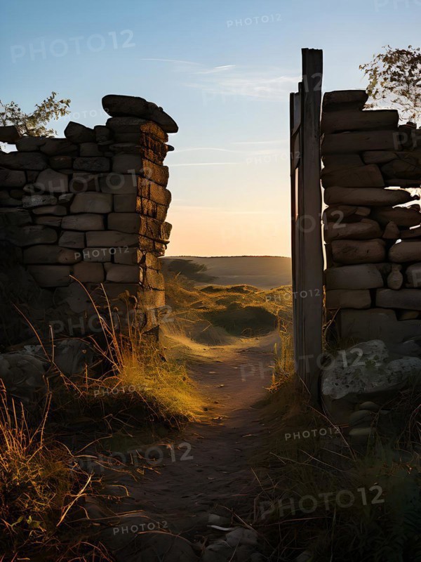 Ruins of a boundary wall standing isolated gates forever open, AI generated