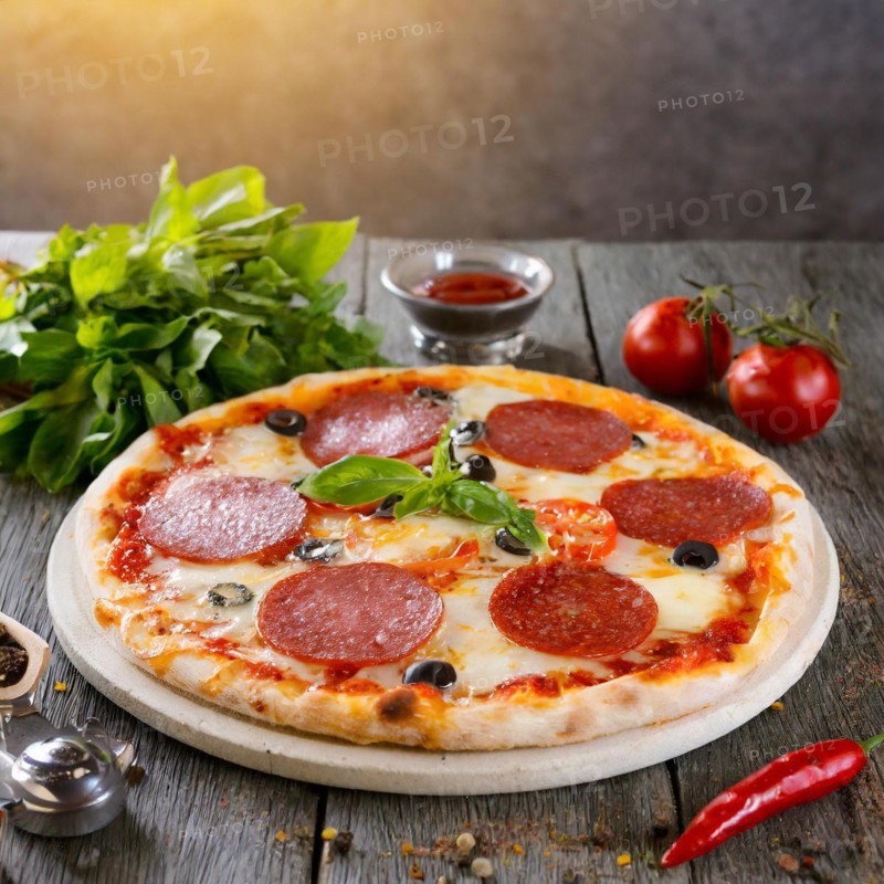 Food, a ready-made pizza with salami, AI generated, AI generated