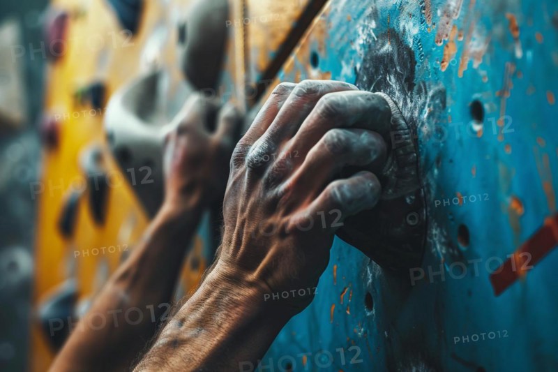 Close up of hand with chalk grabbing grip on artificial rock wall. KI generiert, generiert, AI generated