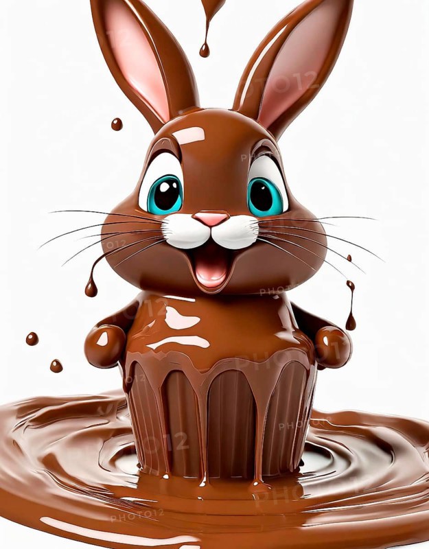 Cute funny little chocolate Easter bunny bathing in warm melting chocolate, AI generated, AI generated