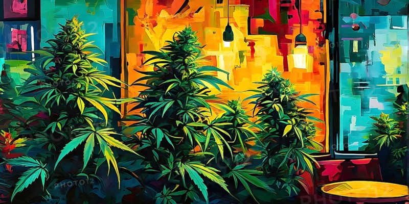 Abstract composition of a cannabis cafe with ambiance bold contrasting colors and playful shapes, AI generated