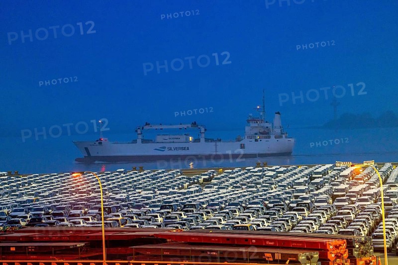 Parking space for import vehicles, hundreds of Hyundai Ioniq, electric cars, waiting for onward transport, at the EUROGATE container terminal in the overseas harbour of Bremerhaven, Lower Saxony, Germany, Europe