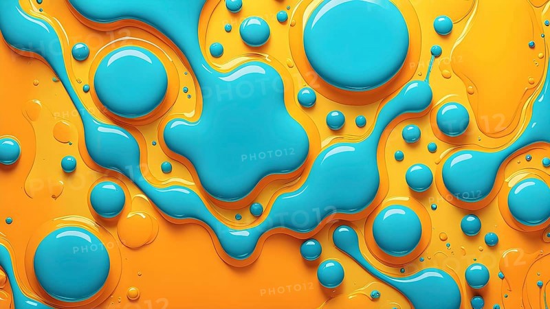 Abstract wallpaper with colorful turquoise and yellow blobs and liquid shapes on a orange background, AI generated