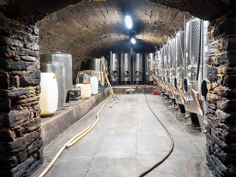 Stainless steel wine barrels in the wine cellar at the winery for fermenting Riesling wines, Bernkastel-Kues, Moselle, Rhineland-Palatinate