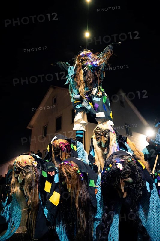 Witch figures on a night carnival parade with illuminated costumes, carnival, Schellbronn night parade, Schellbronn, Germany, Europe