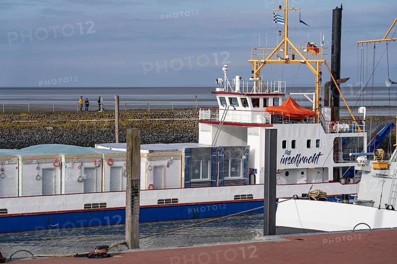 Freight ferry from Norddeich to the East Frisian islands of Norderney and Juist, for vehicles and freight, in the Busetief Canal, Lower Saxony, Germany, Europe