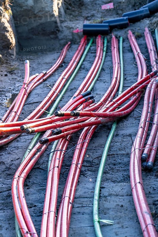 Power lines, underground cable strands that transport energy from wind turbines to central transformer stations, Eemshaven, Netherlands